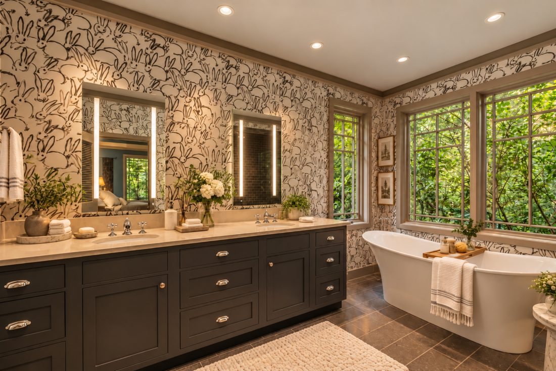 Freestanding tub, Hunt Slonem Hutch wallpaper