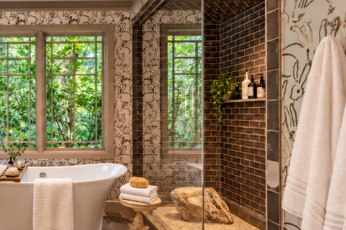 Steam shower, granite boulder in place